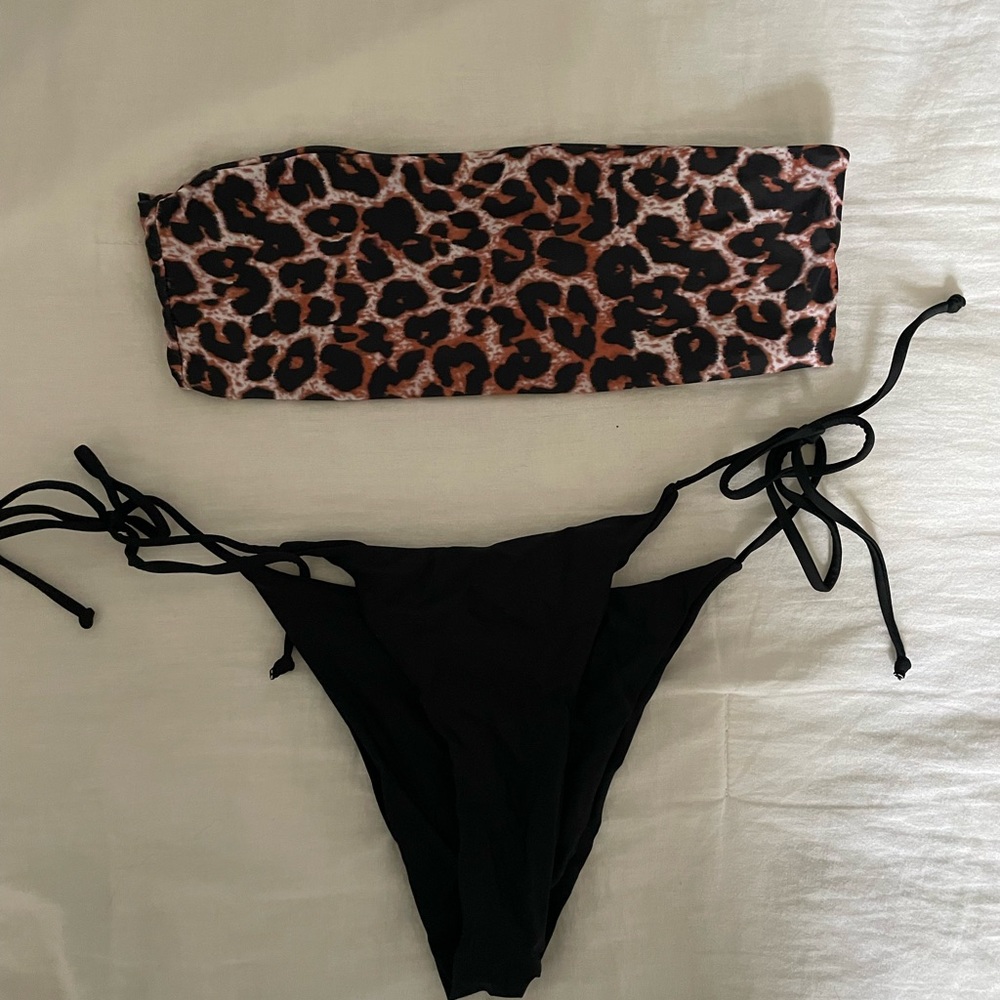 Women’s 2 piece bathing suite cheetah print and tie bottoms